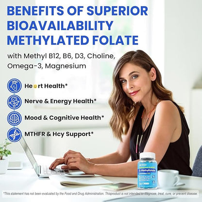 L Methylfolate Gummies & Methyl B12, Active 5-Mthf Methylated Folate 5mg Supplement for Women Men w/Methyl B Complex,Choline,Magesium,Omega-3,Methyl Folate for Methylation,Focus,Mood,Sugar Free,1Pack