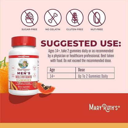 MaryRuth's Multivitamin Gummies for Men | Vitamin A, C, D, E, B6, B12, Biotin, Zinc | Energy Metabolism | Immunity | Bone Health | Cellular Health | Vegan | Non-GMO | Gluten & Sugar Free | 60 Count