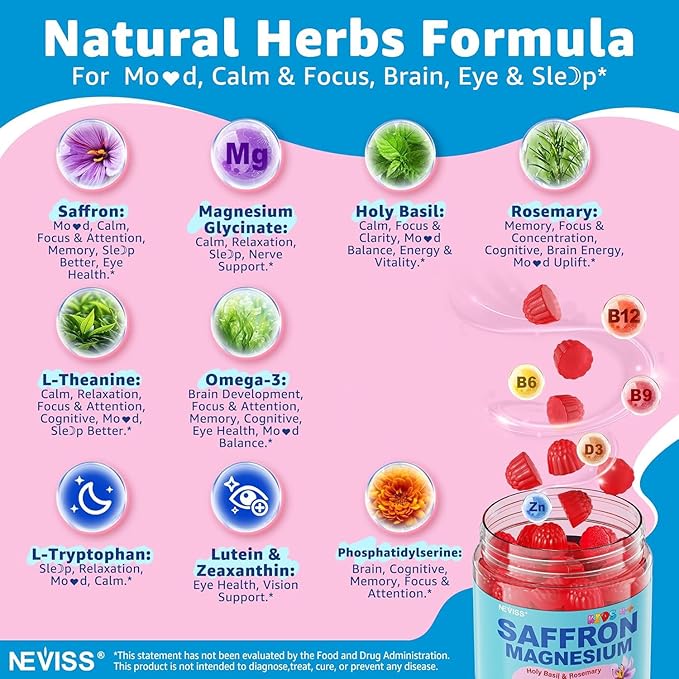 Saffron + Magnesium Glycinate+ Omega-3 - Calm Focus Gummies for Kids 4+, Saffron Extract Supplement with L-Theanine, Holy Basil, Rosemary, B6, B9, B12, D3 for Happy Mood, Cognition, ZZz, Sugar Free