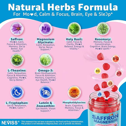 Saffron + Magnesium Glycinate+ Omega-3 - Calm Focus Gummies for Kids 4+, Saffron Extract Supplement with L-Theanine, Holy Basil, Rosemary, B6, B9, B12, D3 for Happy Mood, Cognition, ZZz, Sugar Free