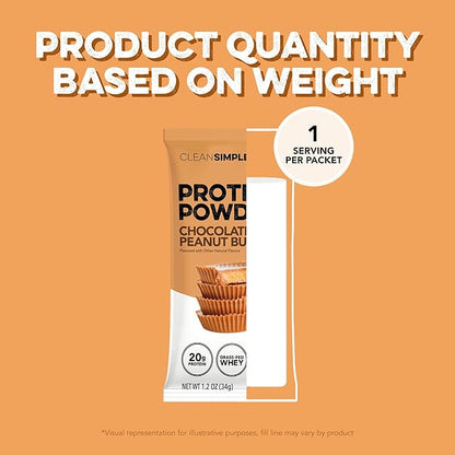 Clean Simple Eats Whey Protein Powder, Chocolate Peanut Butter Flavor Naturally Sweetened, 100% Grass Fed Protein Powder with Digestive Enzymes & No Artificial Ingredients, Gluten Free, 10 Stick Packs