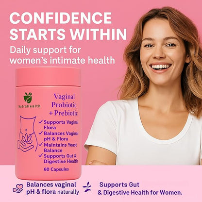 Vaginal Probiotic + Prebiotic for Women – Supports pH Balance, Yeast & Odor – with Lactobacillus rhamnosus, reuteri – Gut & Feminine Health – 60 Capsules