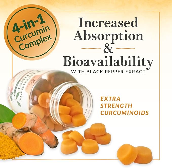 Turmeric Curcumin Supplement Gummies - 95% Curcuminoids with Turmeric & Ginger, Black Pepper for Best Absorption, Nature's Vegan Joint Support, Non-GMO, Gluten Free, Tasty Peach Flavor - 120 Gummies