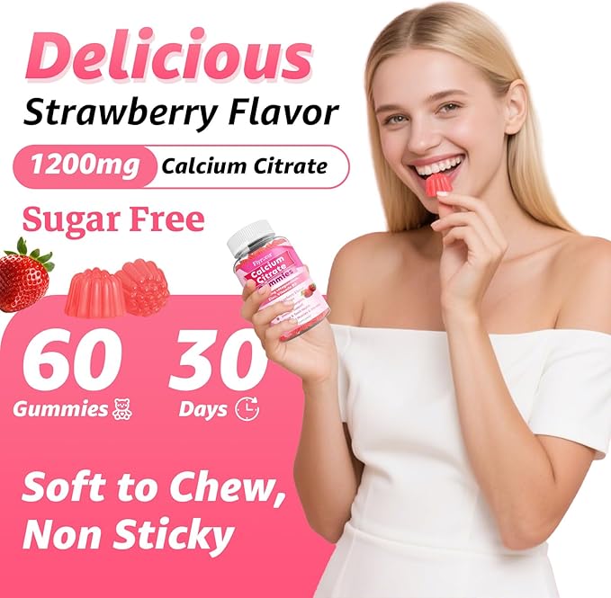 Calcium Citrate Gummies - Chewable Calcium Gummies for Bone, Muscle, Teeth, Immune Support, High Absorption Calcium Supplements for Women & Men Sugar Free Strawberry Flavor 60 Count
