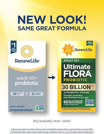Renew Life Probiotic Adult 50 Plus Probiotic Capsules, Daily Supplement Supports Urinary, Digestive and Immune Health, L. Rhamnosus GG, Dairy, Soy and gluten-free, 30 Billion CFU, 60 Count