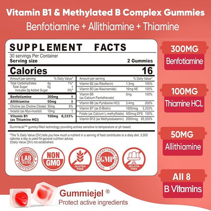 Vitamin B1 & Methylated Vitamin B Complex Gummies - All B Vitamins, Benfotiamine, Thiamine & Inositol, Methylated B1 B2 B6 Multivitamins, L-methylfolate, Methyl B12 for Nerve Cognition Energy, 60 Cts