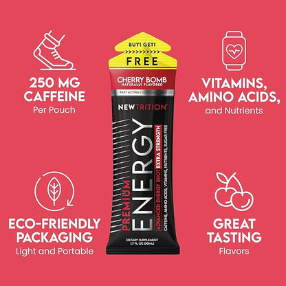 NewTrition® Extra Strength Energy Shots, 1.7 fl oz - 250mg Caffeine with Vitamin B & Amino Acids, Sugar-Free, Zero Calorie Vitamin Energy Drink for Focus & Endurance (Pack of 24, Cherry Bomb)
