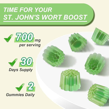 St John's Wort Gummies 700mg, Natural Herbal Supplement for Adults & Kids, Support Calm, Relaxation & Brain Health, Vegan, Non-GMO, Gluten Free, Apple Flavor, 60 Count