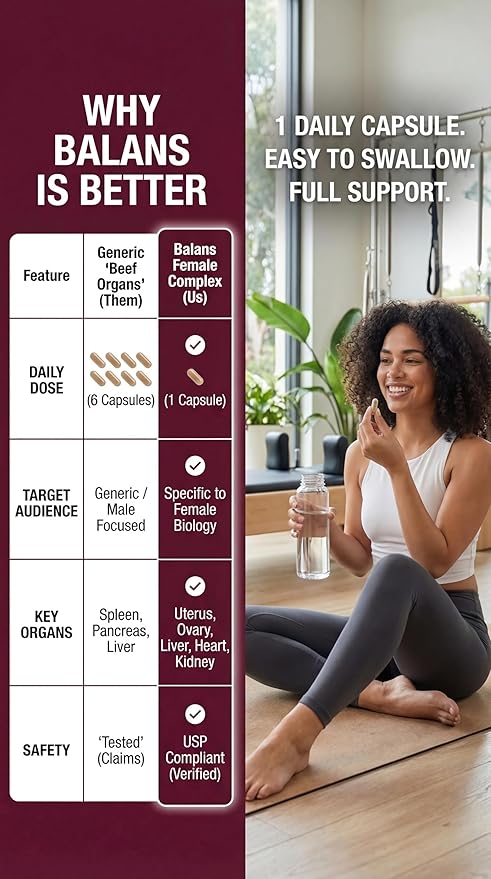 Balans Grass Fed Beef Organs for Women – Liver, Uterus, Ovary, Heart & Kidney Complex – Supports Hormone Balance, Energy, Iron & Skin. (60 Pills, 350mg) – Pasture Raised, Freeze Dried, 60 Day Supply.