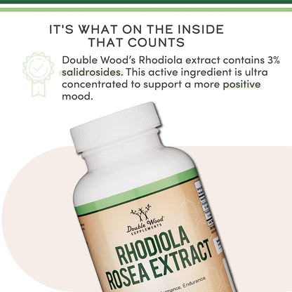 Rhodiola Rosea Supplement 500mg, 120 Vegan Capsules (Third Party Test, Gluten Free, 3% Salidrosides, 1% Rosavins Extract) for Performance, Calming, Motivation by Double Wood