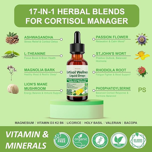 2 Pack Cortisol Supplement Liquid Drops, 17-in-1 Cortisol Detox w. Magnesium Glycinate 400mg Ashwagandha, L-Theanine, Phosphatidylserine, Hormone Balanced for Women, Mood Focus, Sleep Support