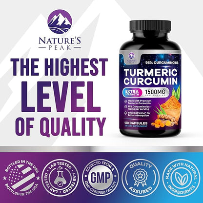 Turmeric Curcumin Supplement - 1350mg Organic Turmeric Per Serving - 95% Curcuminoids & BioPerine Black Pepper Extract for Best Absorption - Natural Vegan Joint Support, Bottled in USA - 120 Capsules