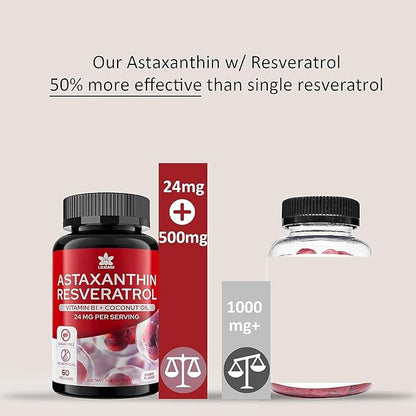 Astaxanthin Supplements 24mg Gummies with Resveratrol, Vitamin B1, Coconut Oil - Algae Organic Antioxidants for Men & Women Healthy Aging, Skin, Eyes, Immune - Vegan, Sugar-Free, Non-GMO, 120 Servings