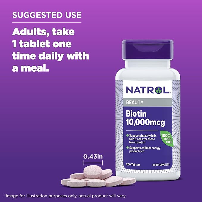 Natrol Biotin 10000mcg, Supplement for Healthy Hair, Skin and Nails for Those Low in Biotin, Plus Energy Metabolism Support, 200 Tablets, Up to a 200 Day Supply,(Pack of 2)