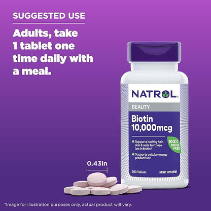 Natrol Biotin 10000mcg, Supplement for Healthy Hair, Skin and Nails for Those Low in Biotin, Plus Energy Metabolism Support, 200 Tablets, Up to a 200 Day Supply,(Pack of 2)