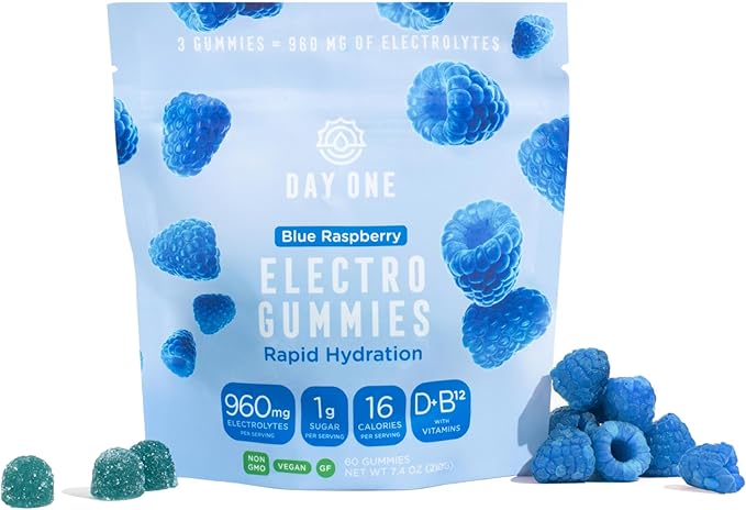 Day One Electrogummies - 60pcs of Blue Raspberry Flavored Electrolyte Gummies for Hydration and Recovery - Packed with Essential Electrolytes Ideal for Workouts, Running, Hiking and More