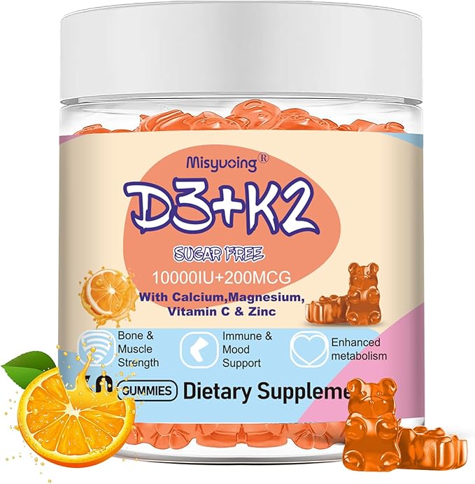 Vitamin D3 K2 Gummies,Vitamin D3 10000 IU with K2 200mcg,VitaminC,Calcium,Magnesium,Zinc,Support for Bones,Joints,Muscles,Nerves,and Immune System (60,Orange,Sugar-Free)