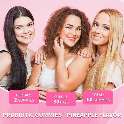 Women's Probiotics Slippery Elm Gummies, Her Juicy Feminine Probiotics Gummies Support pH Balance, Gut Health & Immune System, Sugar-Free, Pineapple Flavor, 60 Count