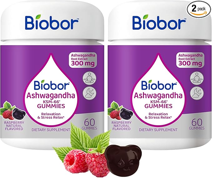Biobor (2 Packs) Ashwagandha Gummies, KSM-66 Ashwagandha Root Extract with Vitamin D3, Relaxation Support & Immune Support for Adults - GMO Free, Gluten Free, 120 Count