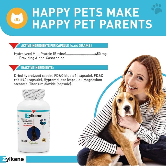 Vetoquinol Zylkene - Calming Support for Large Dogs 33132 lb - Supports Behavior & Occasional Anxiety - Perfect for Boarding, Vet Visits & Celebrations - Non-Drowsy & Lactose-Free - 120 Capsules