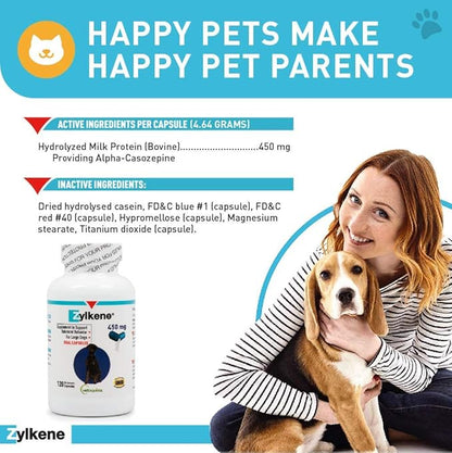 Vetoquinol Zylkene - Calming Support for Large Dogs 33132 lb - Supports Behavior & Occasional Anxiety - Perfect for Boarding, Vet Visits & Celebrations - Non-Drowsy & Lactose-Free - 120 Capsules