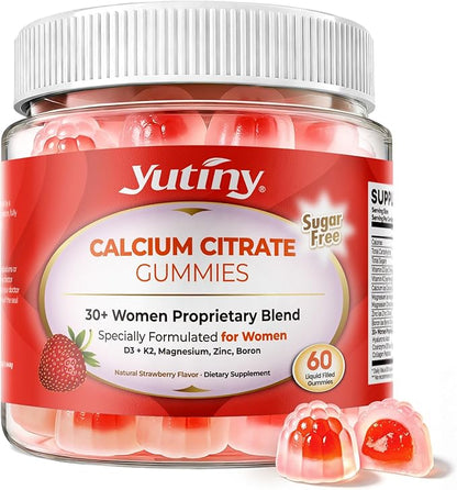 Calcium Supplement for Women Gummies 1200 mg, Calcium Citrate with Vitamin D3 K2 Magnesium Zinc, Overall Health, Sugar Free, Strawberry Flavor, 60 Chewables