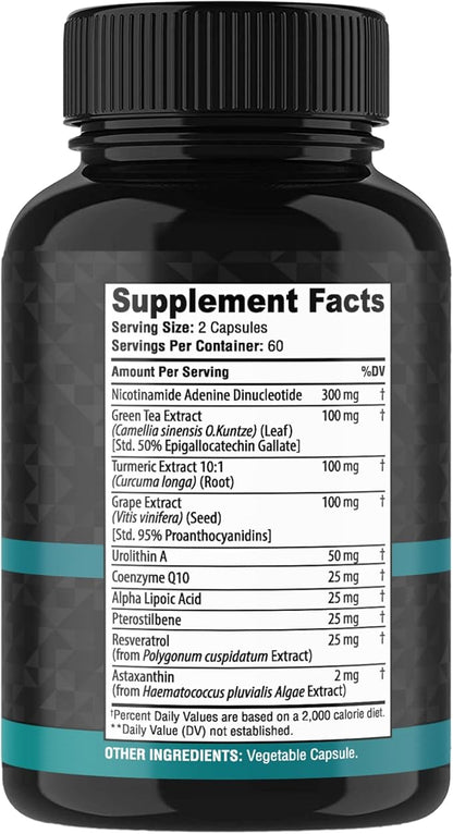NAD+ Supplement Complex – NAD Supplement+ 300 mg with Astaxanthin, Urolithin A, Resveratrol, CoQ10 & Antioxidant Blend – Cellular Energy, Mitochondrial Support – 120 Count (Pack of 1)