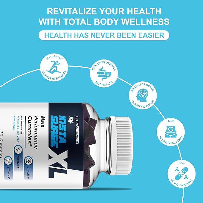 BLUE VIBE Insta Surge XL Performance Gummies, InstaSurgeXL Advanced Overall Health and Daily Natural Performance Formula Supplement, InstaSurge XL Maximum Support (1 Pack - 30 Gummies)