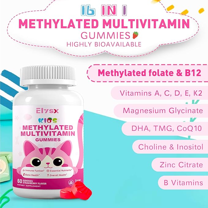 Kids Methylated Multivitamin Chewable Gummies, MTHFR Supplement with L Methylfolate, Magnesium, Biotin, Choline, Inositol, DHA, TMG & Coq 10, Immune & Brain Support, Strawberry Flavor, 120 Ct