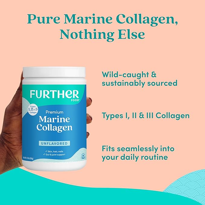 Further Food Unflavored Marine Collagen Peptides Powder, Wild-Caught Sustainably Sourced Fish, Hydrolyzed Type 1, 2 & 3, 12g Protein, 5.93 Oz