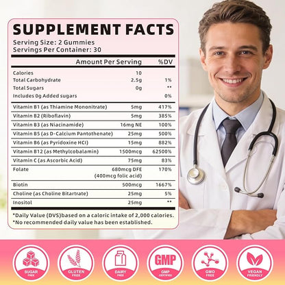 Vitamin B Complex Gummies for Women & Men - Vitamin B12, B1, B2, B3, B5, B6, B-Complex Vitamin Supplements for Energy & Immune Support, Sugar-Free/Vegan/Gluten-Free, Raspberry Flavor 60 Count