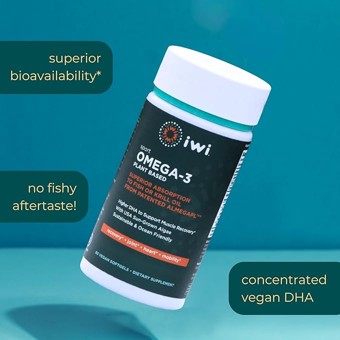Iwi Omega-3 Sport, 60 Softgels (30 Servings), Plant-Based Vegan Algae Omega 3 with DHA, Exercise Recovery Support Dietary Supplement, Krill & Fish Oil Alternative, No Fishy Aftertaste