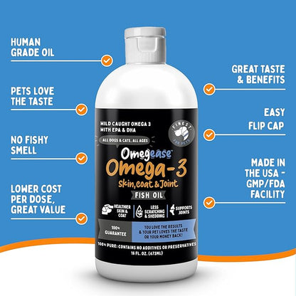 100% Pure Fish Oil for Dogs & Cats (1,545mg Omega 3 per Teaspoon) 32oz. Loaded with EPA & DHA for Joints, Skin & Coat, Itching, Heart & Immune Health. Stronger Than Salmon Oil. Unflavored Omegease.