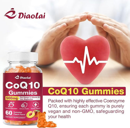 CoQ10 Gummies - 500mg per Serving with Omega-3 (EPA & DHA), B3 & Zinc - Supports Immunity & Energy - Delicious Orange Flavor - Non-GMO, Gluten-Free - 60 Count