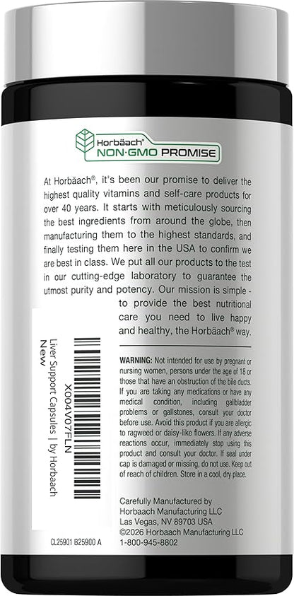 Horbäach Liver Support | 600 mg Milk Thistle | 90 Vegetarian Capsules | Herbal Detox Formula | Non-GMO, Gluten Free
