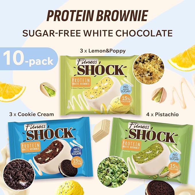 Fitness SHOCK Protein White Brownie Variety Pack - No Added Sugar, 7.5g Protein, Low Carb Dessert - Pistachio, Cookie Cream, Lemon Poppy - 0g Added Sugar, 10g Net Carbs - 10 x 50g
