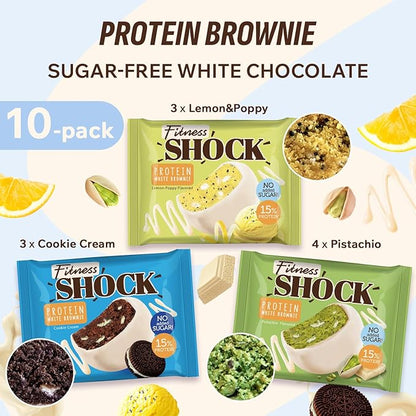 Fitness SHOCK Protein White Brownie Variety Pack - No Added Sugar, 7.5g Protein, Low Carb Dessert - Pistachio, Cookie Cream, Lemon Poppy - 0g Added Sugar, 10g Net Carbs - 10 x 50g