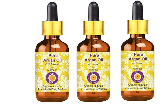 Deve Herbes Pure Argan (Moroccan) Oil (Argania spinosa) with Glass Dropper Cold Pressed (Pack of Three)100ml X 3 (10 oz)