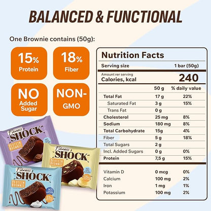 Fitness SHOCK Protein Brownie Variety Pack - No Added Sugar, 7.5g Protein, Low Carb Guilt-Free Dessert - Chocolate, Coconut, Banana - 0g Added Sugar, 10g Net Carbs, 5g Fiber - 10 x 50g