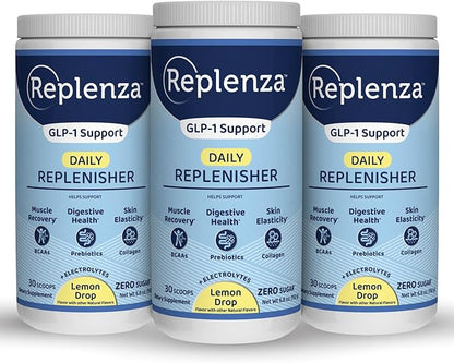 Replenza Daily Replenisher GLP-1 Nutritional Support, Powder, Muscle Recovery, Digestive Health & Skin Elasticity Mix of Amino Acids, Prebiotics and Collagen Peptides – Lemon Flavored, 3 Pack