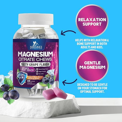 Magnesium Citrate Chews Supplement - High Absorption Magnesium Gummies Supplement - Vegan Mag Citrate Soft Chews Gummy for Adults - Relaxation & Calm Support - Delicious Grape Flavor - 60 Gummies