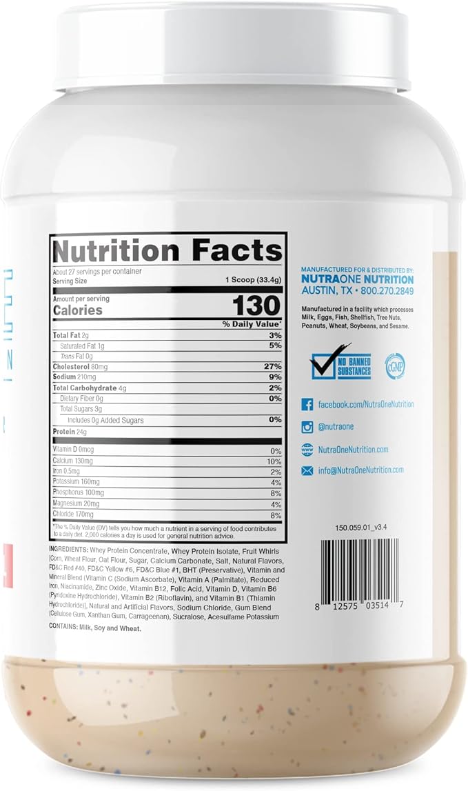 NutraOne ProteinOne Whey Protein Promote Recovery and Build Muscle with a Protein Shake Powder for Men & Women (Fruity Bites Cereal - 2 lbs.)