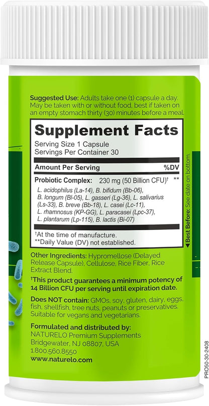 NATURELO Probiotics for Digestive Health, 50 Billion CFU, 30 Vegetarian Capsules, 11 Strains, Daily Use Supplement, Delayed Release, No-Fridge, Helps Boost Immune System, Probiotics for Women & Men