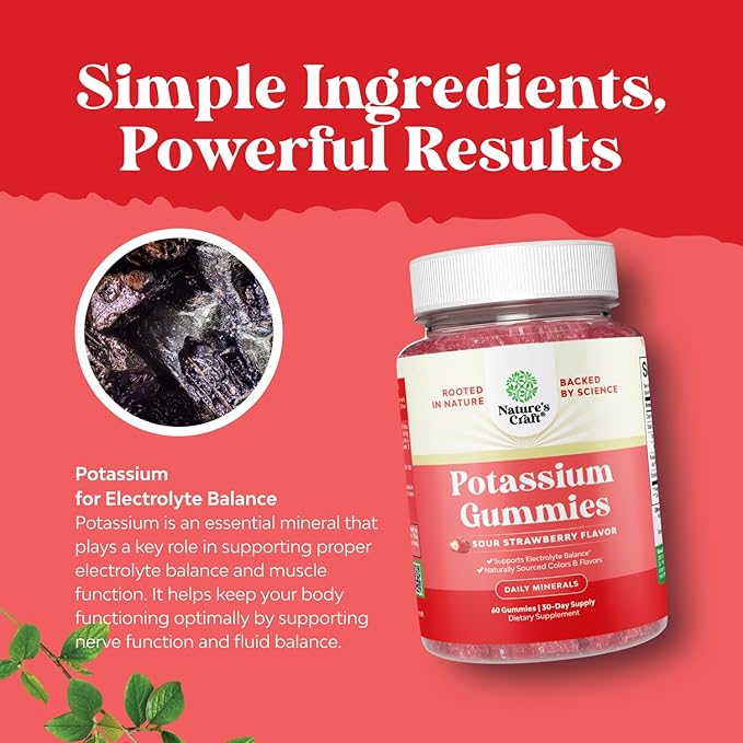 High Potency Potassium Gummies for Adults - Powerful Potassium Supplement Gummies for Optimal Health - Delicious Strawberry-Flavored - Vegan - 60 Count