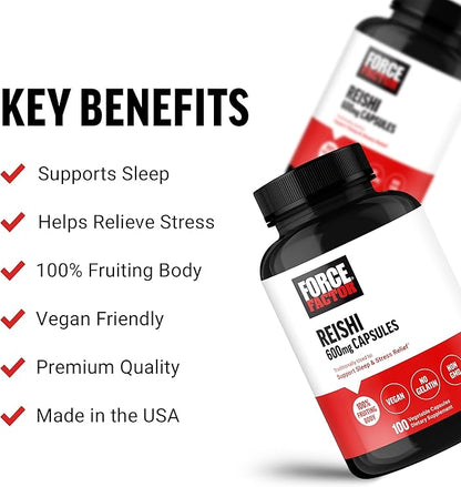 Force Factor Reishi Mushroom Supplement, Stress Relief Supplement and Sleep Support Supplement Made with Reishi Mushroom Extract, Vegan, No Gelatin, Non-GMO, 100 Vegetable Capsules