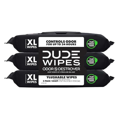 DUDE Wipes Odor Destroyer Flushable Wipes - Extra-Large Adult Wet Wipes - 3 Pack (144 Count) - Deodorizing, Lightly Scented, Controls Odor for up to 24 Hours - Septic and Sewer Safe