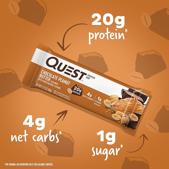 Quest Nutrition Chocolate Peanut Butter Protein Bars, 20g Protein, 1g Sugar, 5g Net Carb, Gluten Free, Keto Friendly, 4 Count