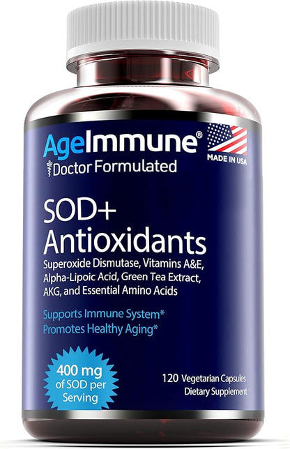 SOD Antioxidants Complex Healthy Aging Supplement - 400mg of Superoxide Dismutase - Alpha Lipoic Acid - Green Tea Extract - L-Arginine - Lysine - AKG - Vitamins A and E for Immune Support-120 Capsules