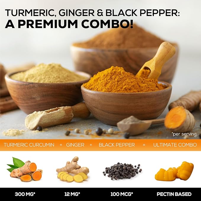 Turmeric Curcumin Supplement Gummies - 95% Curcuminoids with Turmeric & Ginger, Black Pepper for Best Absorption, Nature's Vegan Joint Support, Non-GMO, Gluten Free, Tasty Peach Flavor - 120 Gummies