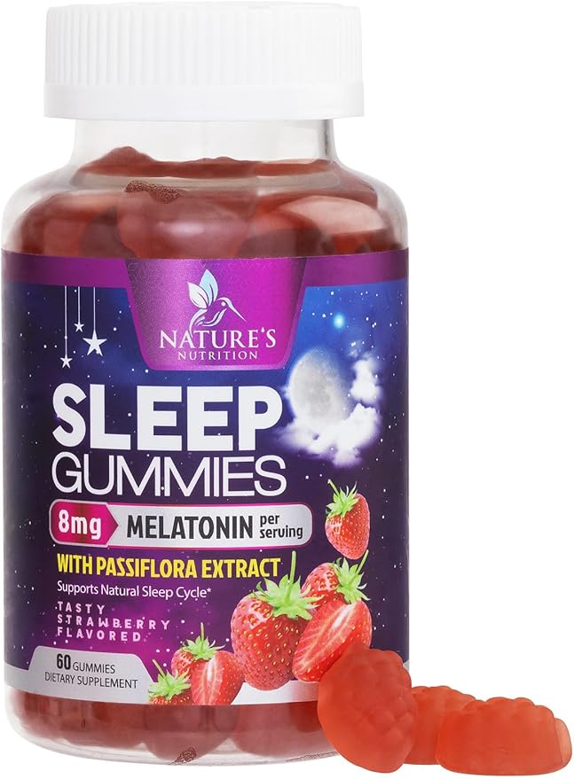 Sleep Gummies - 8mg Melatonin Per Serving - With Passiflora Extract for Restful Sleep - Fast Acting Melatonin Sleep Gummy Supplement for Adults, Vegan, Non-GMO, Tasty Strawberry Flavor - 60 Gummies